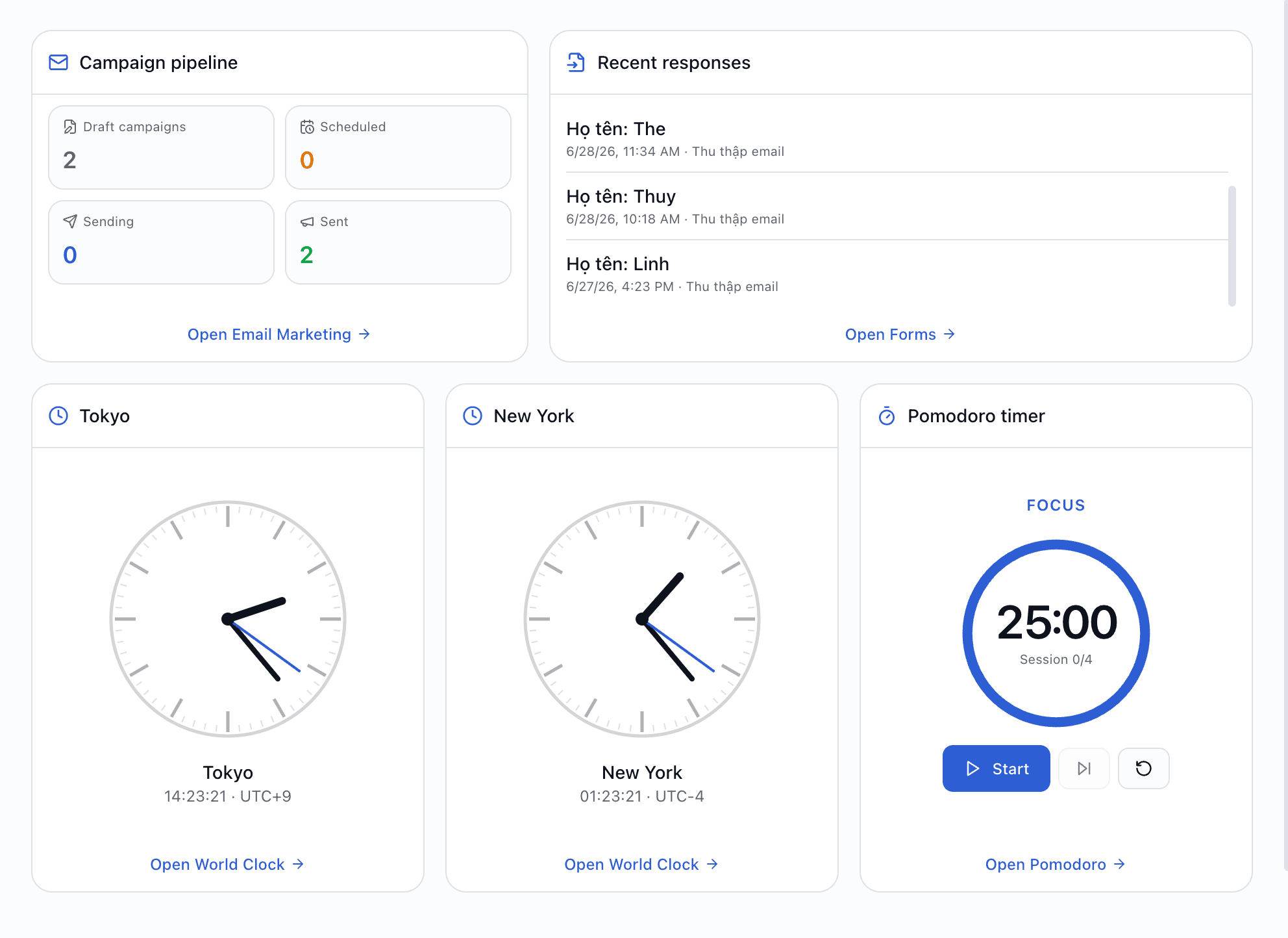 Dashboard screenshot — notes, tasks, weather on one screen