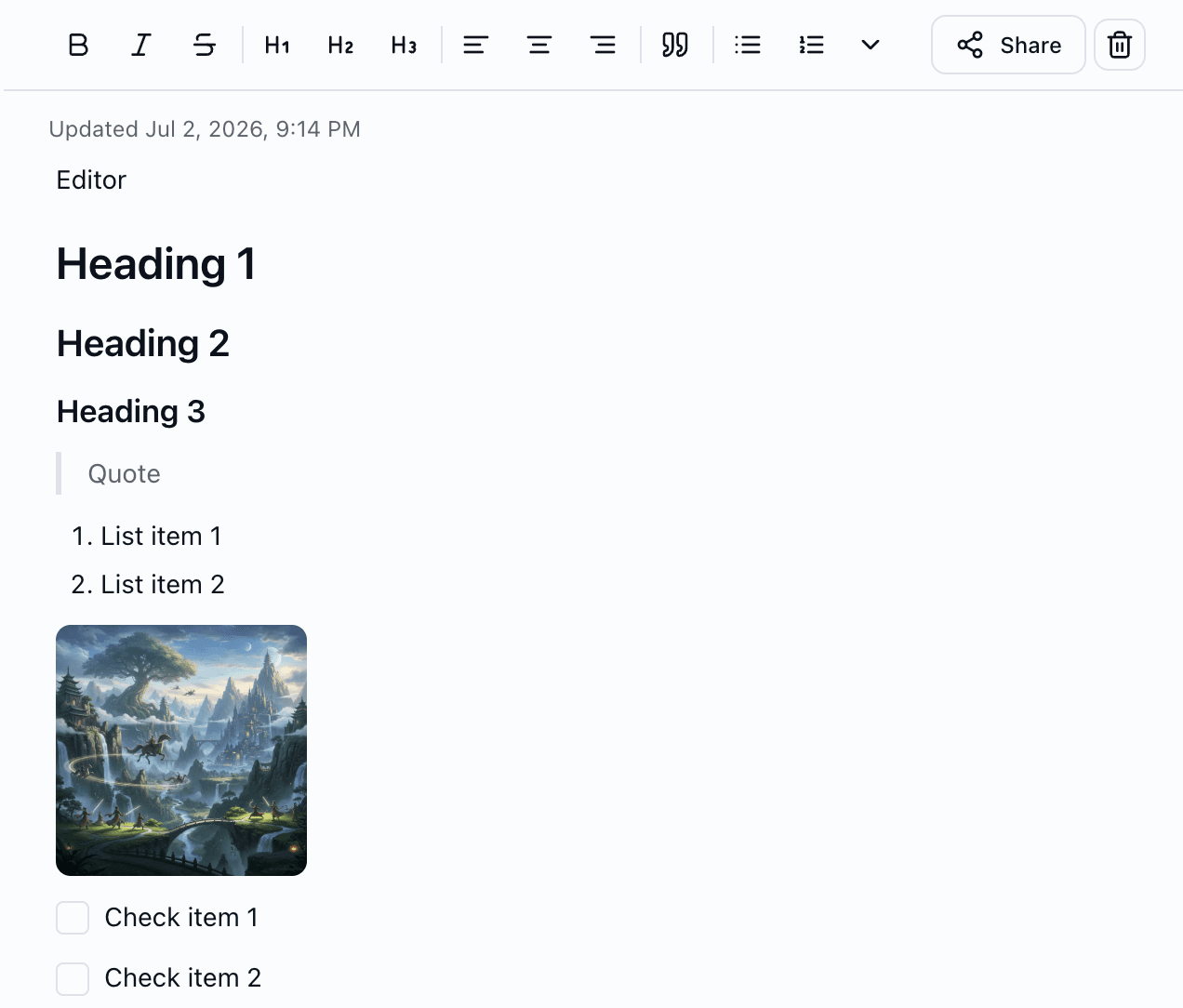 Rich text editor with formatting and images