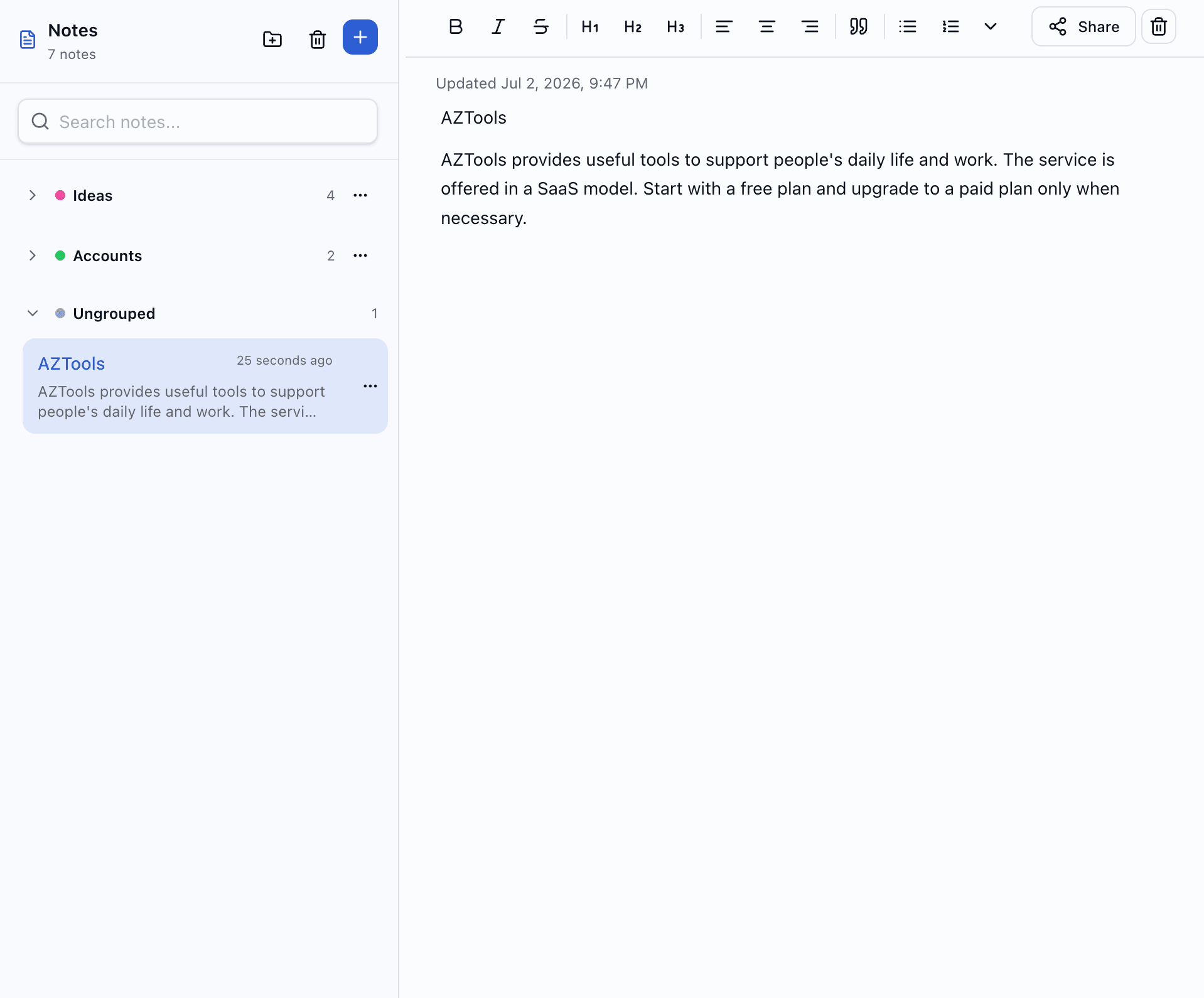 Notes — main editor and sidebar