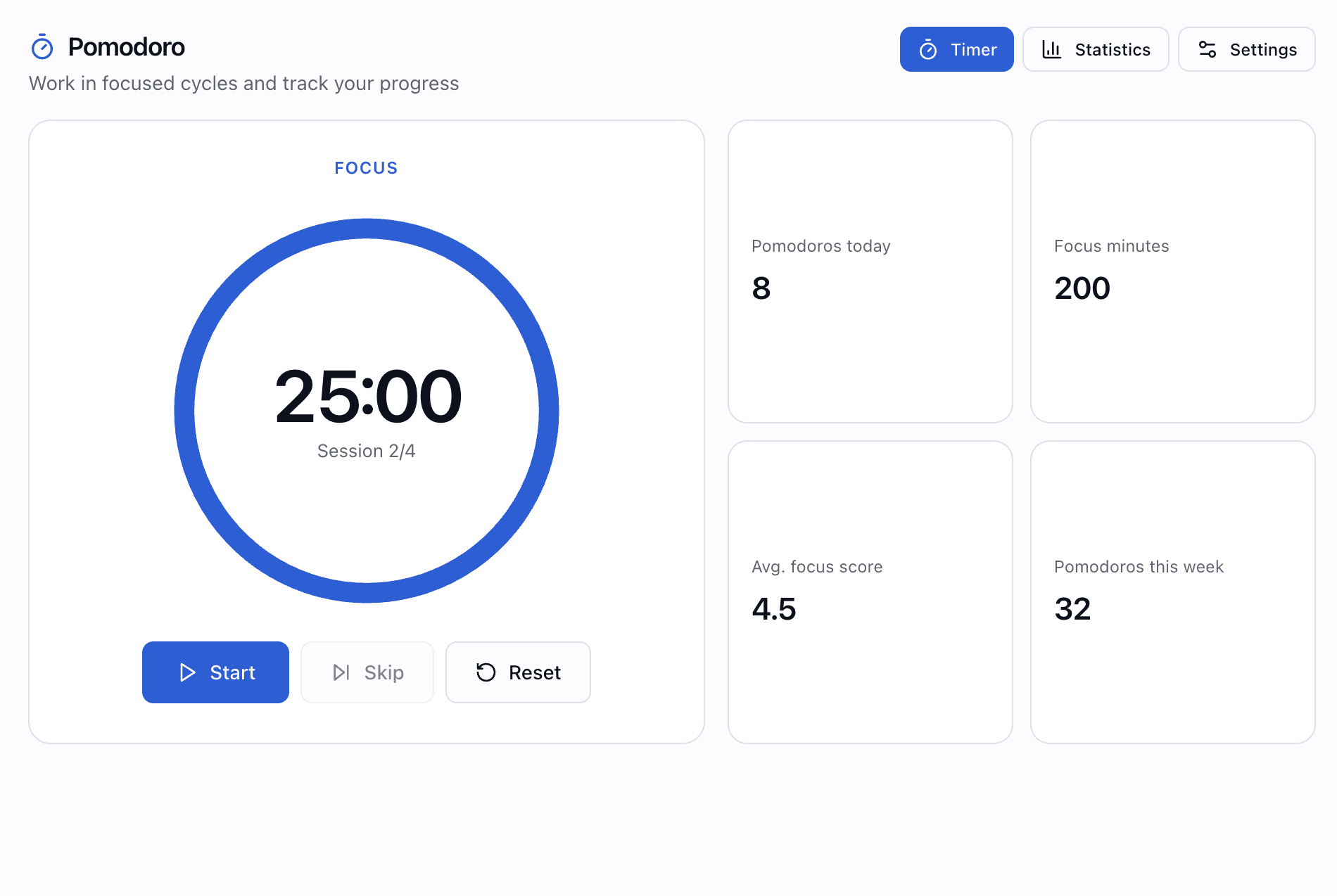 Pomodoro — focus timer with cycle progress
