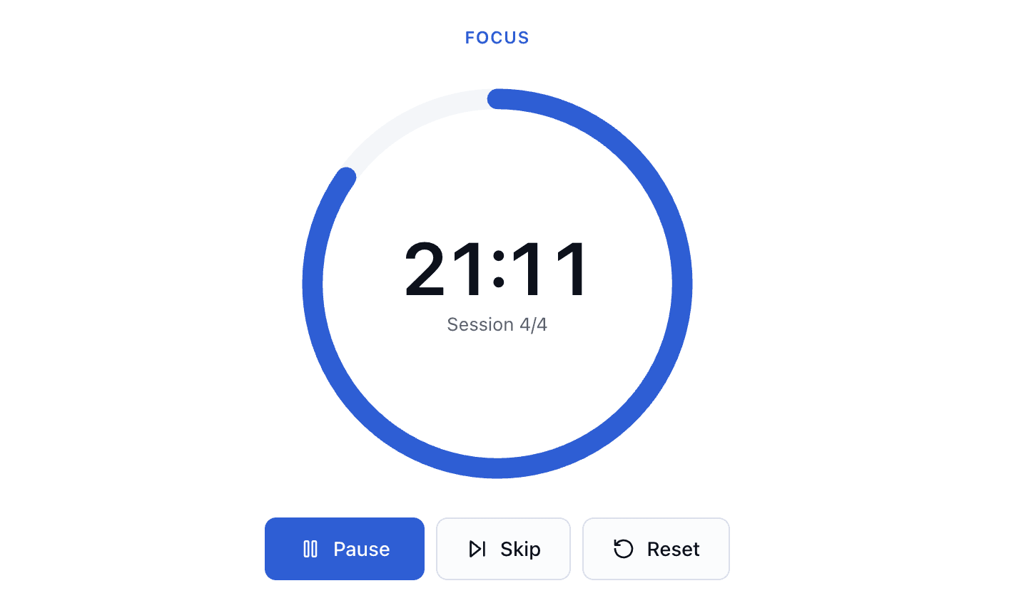 Timer with focus, short break and long break phases