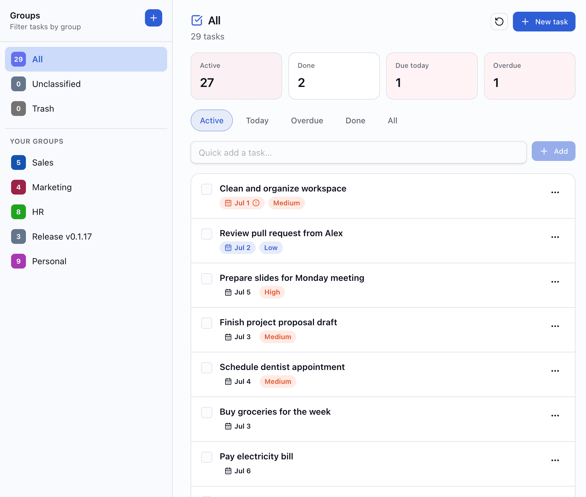 Tasks — main list with summary and filters