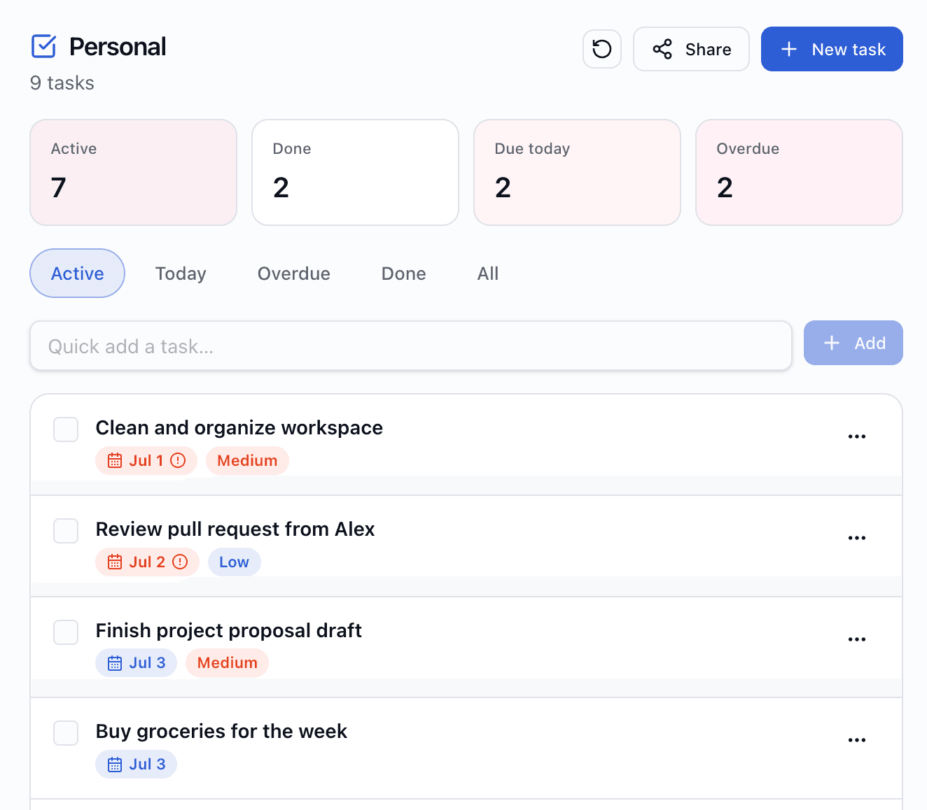 Task list with quick add and completion