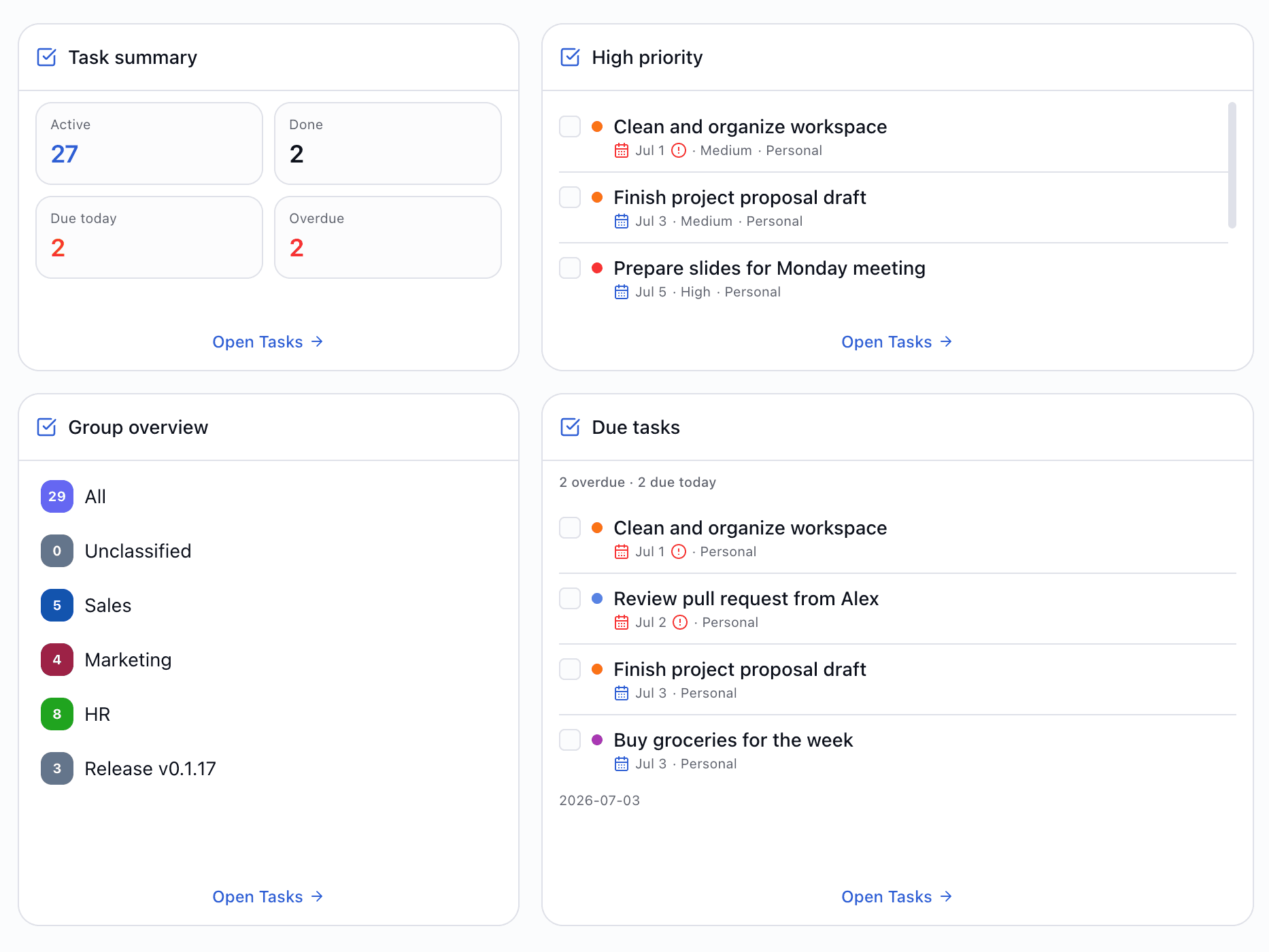 Task widgets on your dashboard