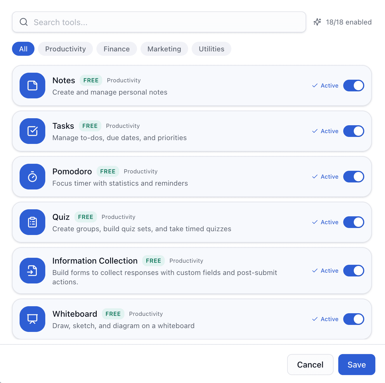 Tools list screenshot — turn features on or off
